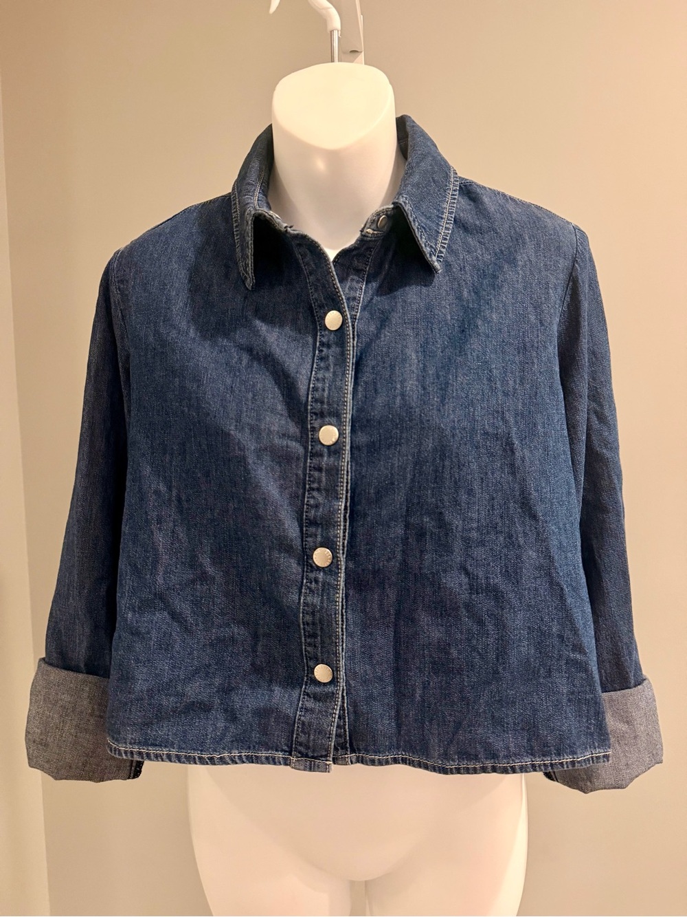 L'AGENCE The Perfect Crop Denim Split Back Snap Front Shirt Sz S NWT $355!!